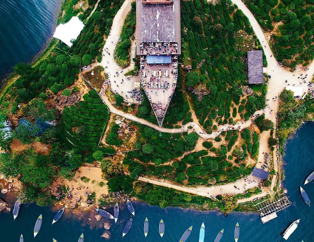 The iconic ark of Glamping Lakeside Rancabali  captured with aerial photography ...