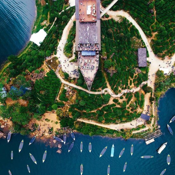 The iconic ark of Glamping Lakeside Rancabali  captured with aerial photography ...