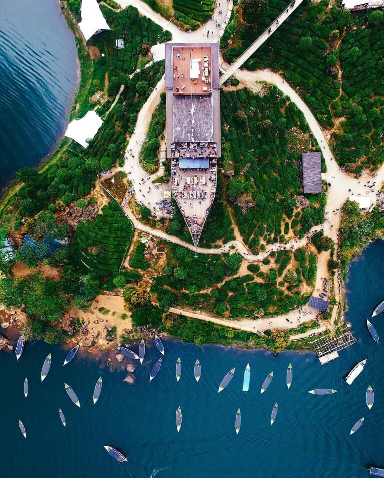 The iconic ark of Glamping Lakeside Rancabali  captured with aerial photography ...